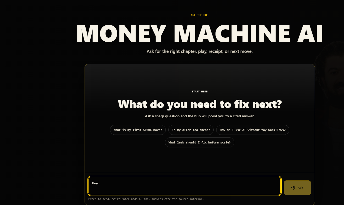 Ask screen inside the Alex Hormozi Demo Knowledge Hub with prompts for finding the next move.
