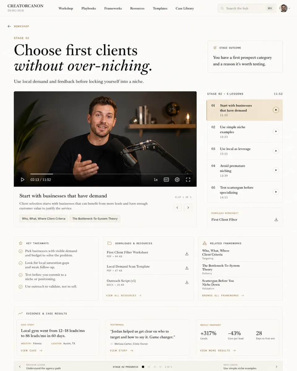Light CreatorCanon workshop page mockup with lesson video, stage checklist, takeaways, resources, and evidence cards.